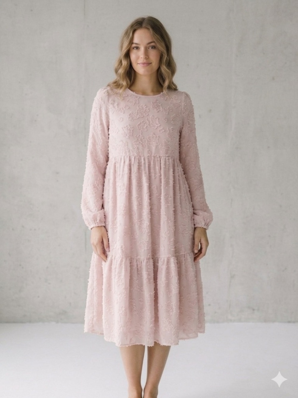 Soft Pink Floral Appliqué Textured Tiered Midi Dress Long Sleeve Size M